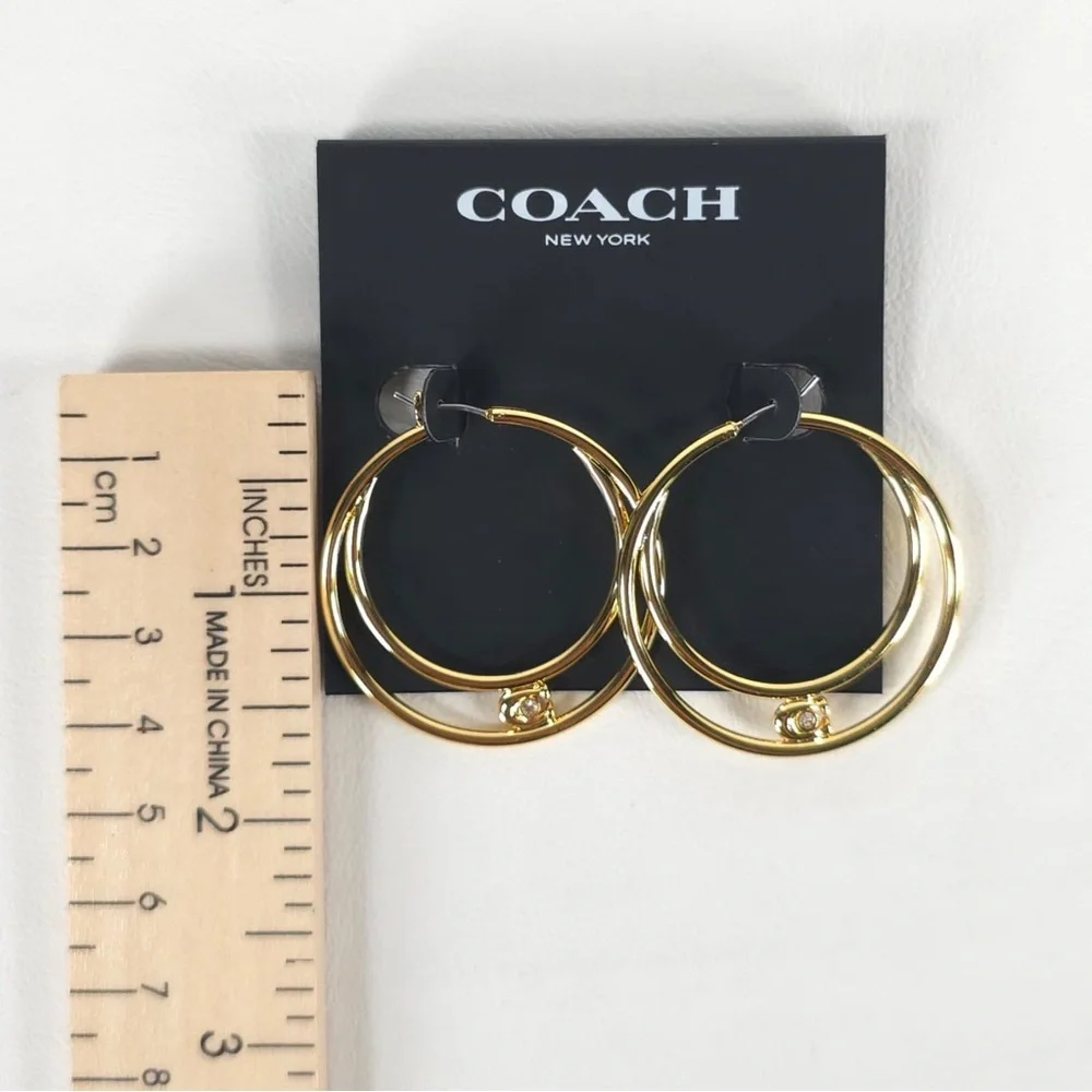 NWT COACH Women's Signature Double Hoop Gold Earrings with Cubic Zirconia Detail - Picture 13 of 13